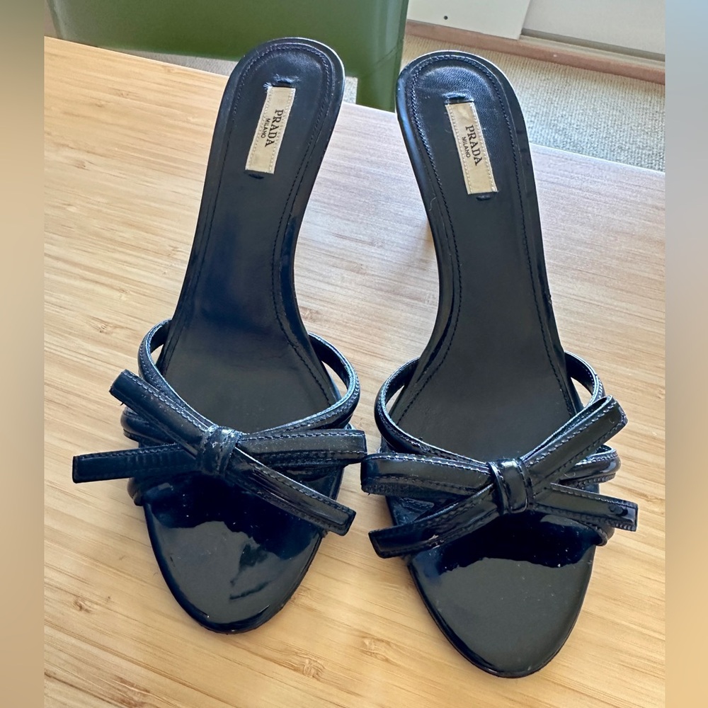 Prada Black Mules Minimalist Design Patent Leather Bow size 38.5